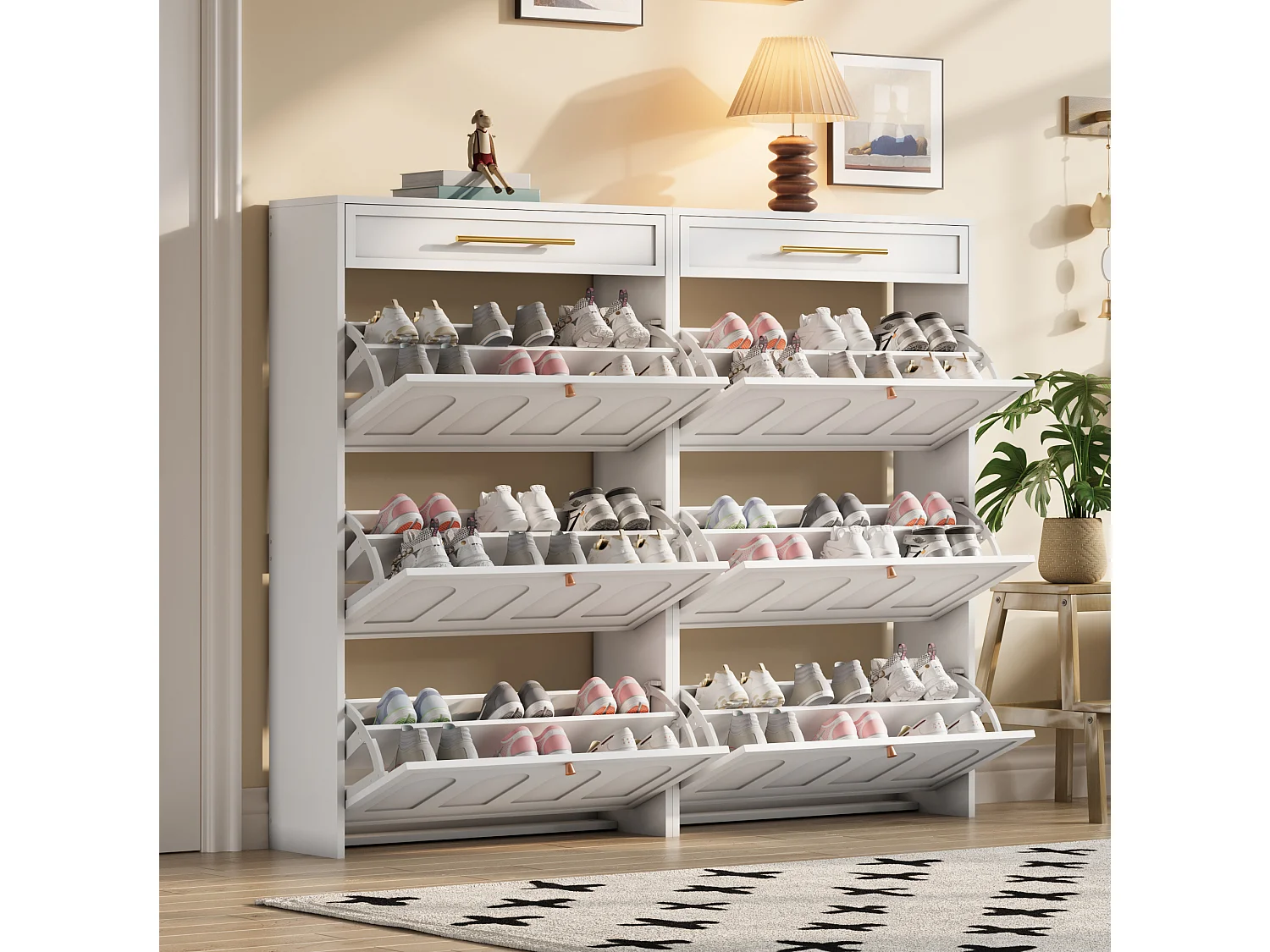 2 Meuble à chaussures moderne - 2 x 70 x 25 x 123.5 cm - avec 6 compartiments + 1 tiroir - pour entrée et salon - MDF - blanc