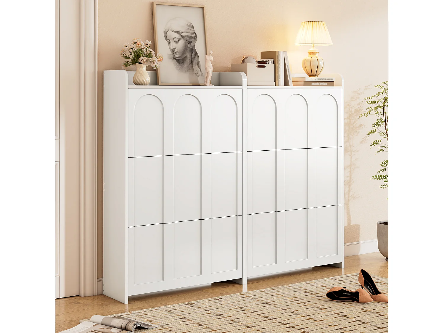 2 Meuble à chaussures moderne - 2 x 70 x 25 x 120 cm - avec 6 compartiments - pour les entrées et salons - MDF - blanc