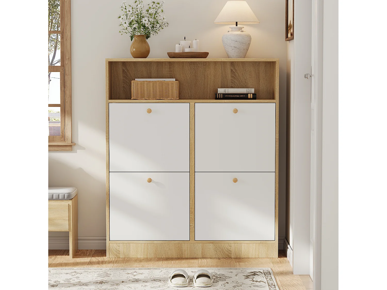 Meuble à chaussures à 4 portes - 90 x 24 x 104.5 cm - avec étagères ouvertes - pour entrée/couloir - MDF - naturel + blanc