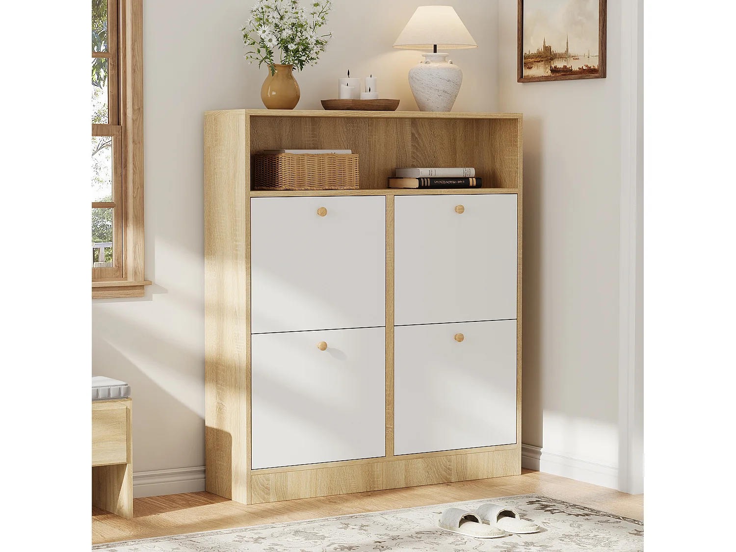 Meuble à chaussures à 4 portes - 90 x 24 x 104.5 cm - avec étagères ouvertes - pour entrée/couloir - MDF - naturel + blanc