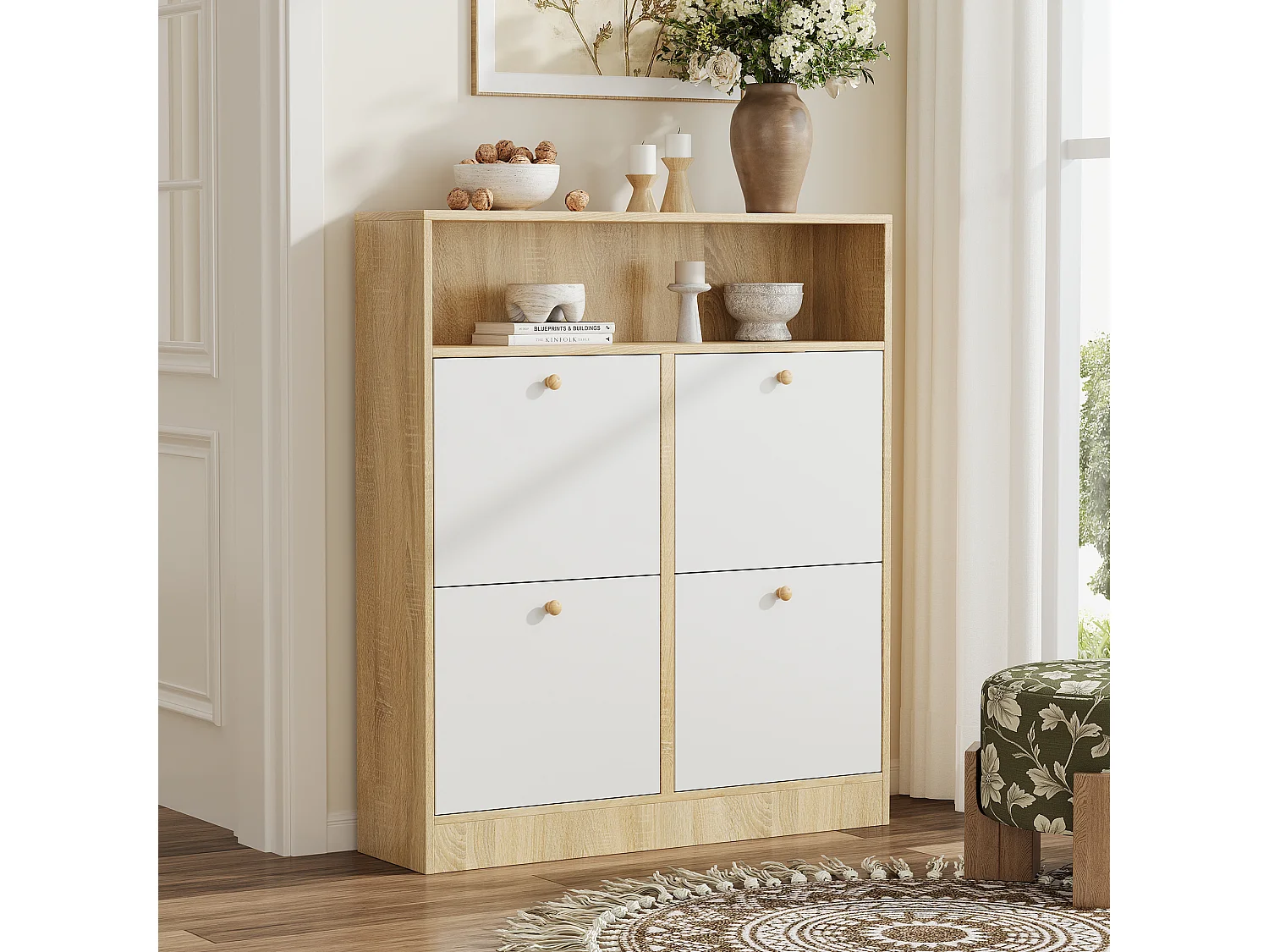 Meuble à chaussures à 4 portes - 90 x 24 x 104.5 cm - avec étagères ouvertes - pour entrée/couloir - MDF - naturel + blanc