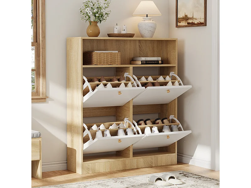 Meuble à chaussures à 4 portes - 90 x 24 x 104.5 cm - avec étagères ouvertes - pour entrée/couloir - MDF - naturel + blanc