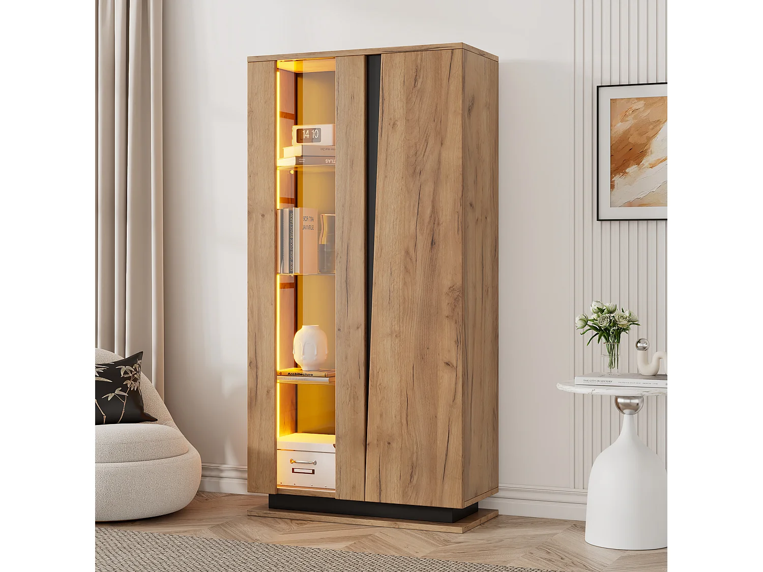 Vitrines moderne de salon - 80 x 35 x 160 cm - avec 8 étagères + 2 portes en acrylique + Leds - aggloméré - naturel