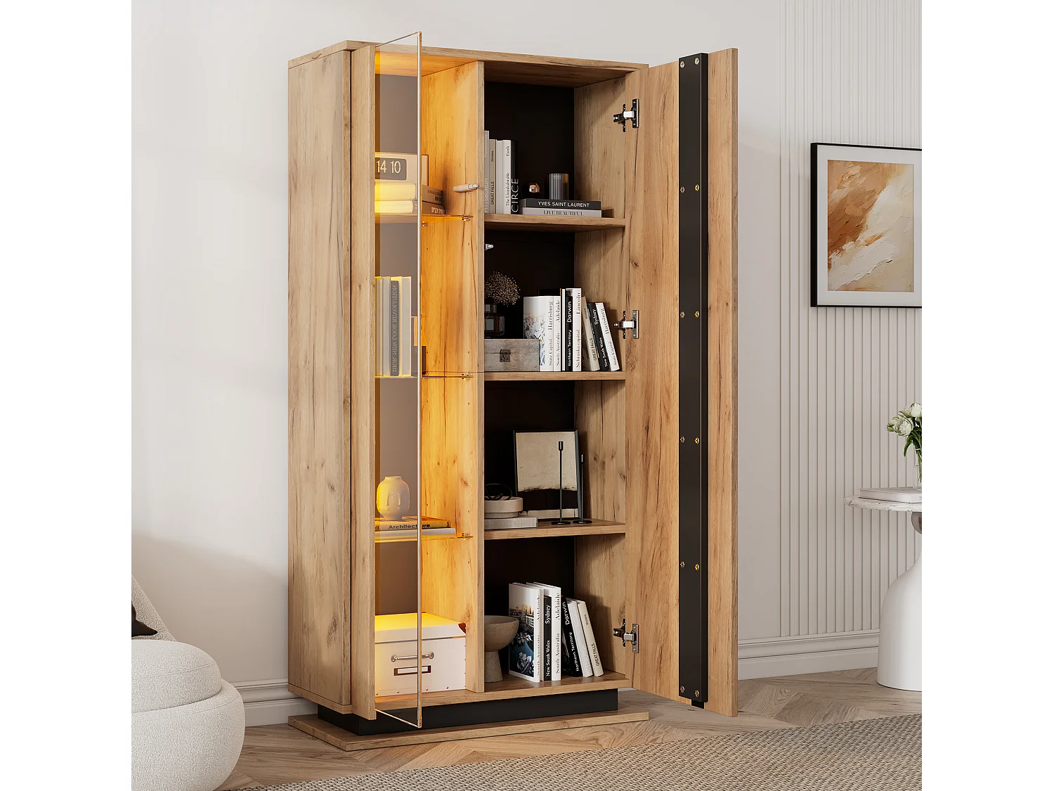 Vitrines moderne de salon - 80 x 35 x 160 cm - avec 8 étagères + 2 portes en acrylique + Leds - aggloméré - naturel