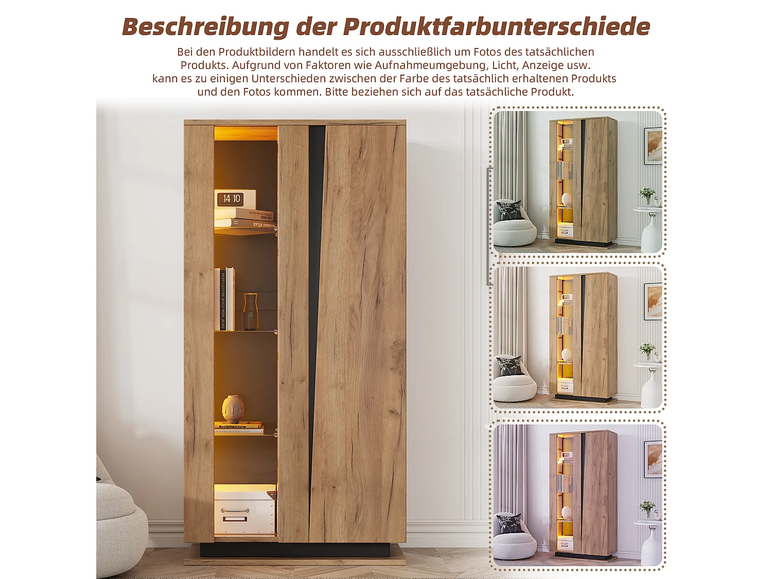 Vitrines moderne de salon - 80 x 35 x 160 cm - avec 8 étagères + 2 portes en acrylique + Leds - aggloméré - naturel