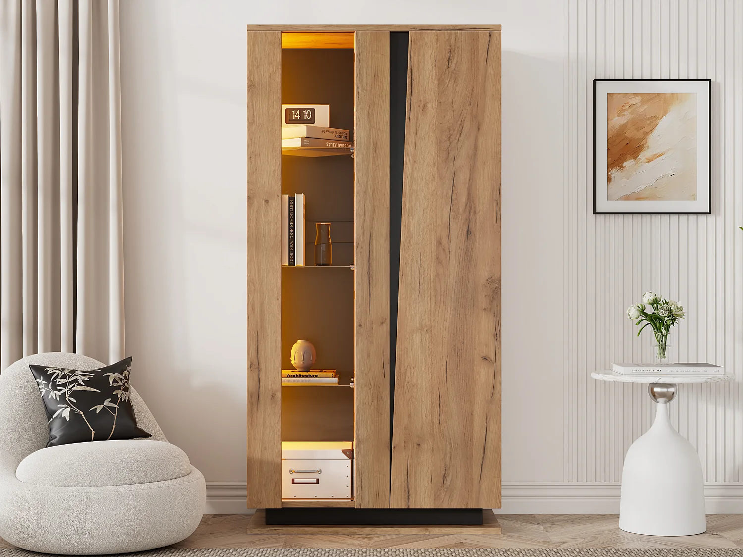 Vitrines moderne de salon - 80 x 35 x 160 cm - avec 8 étagères + 2 portes en acrylique + Leds - aggloméré - naturel