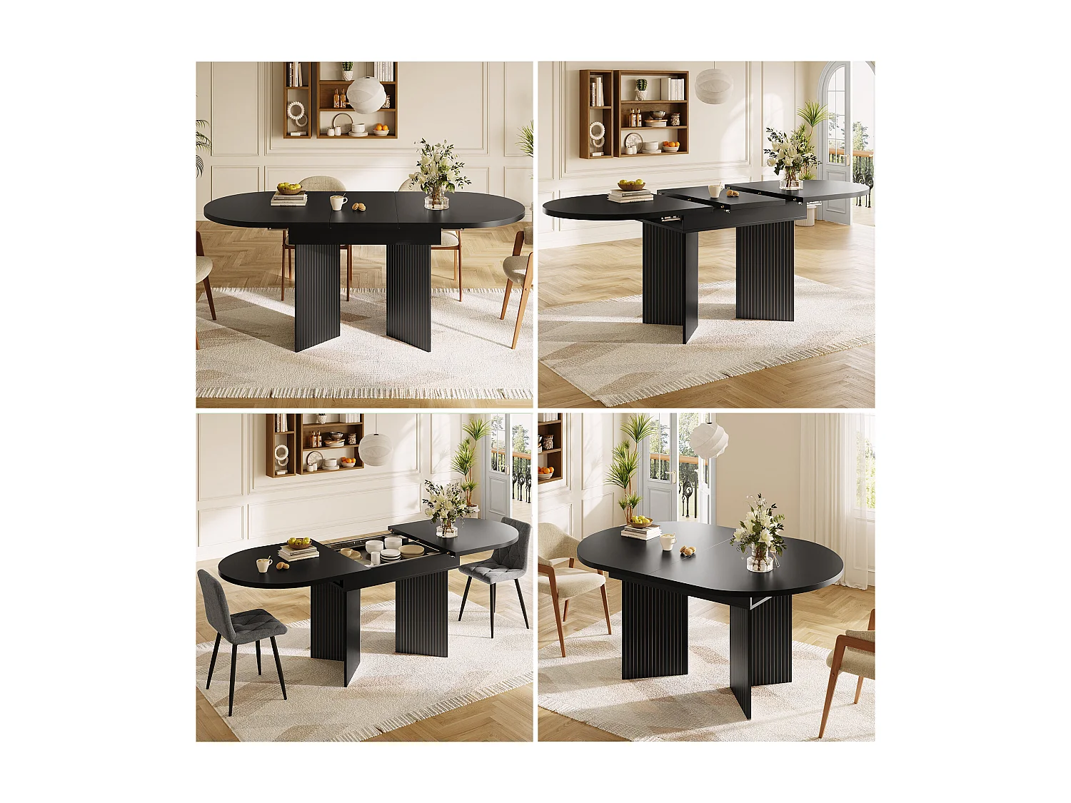 Uitschuifbare eettafel - 120/160 x 80 x 75 cm - voor 4 tot 6 personen - minimalistische stijl - met opbergruimte - MDF - zwart