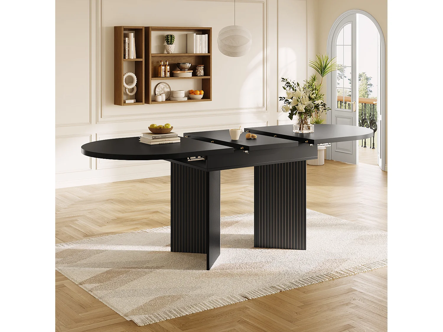 Uitschuifbare eettafel - 120/160 x 80 x 75 cm - voor 4 tot 6 personen - minimalistische stijl - met opbergruimte - MDF - zwart