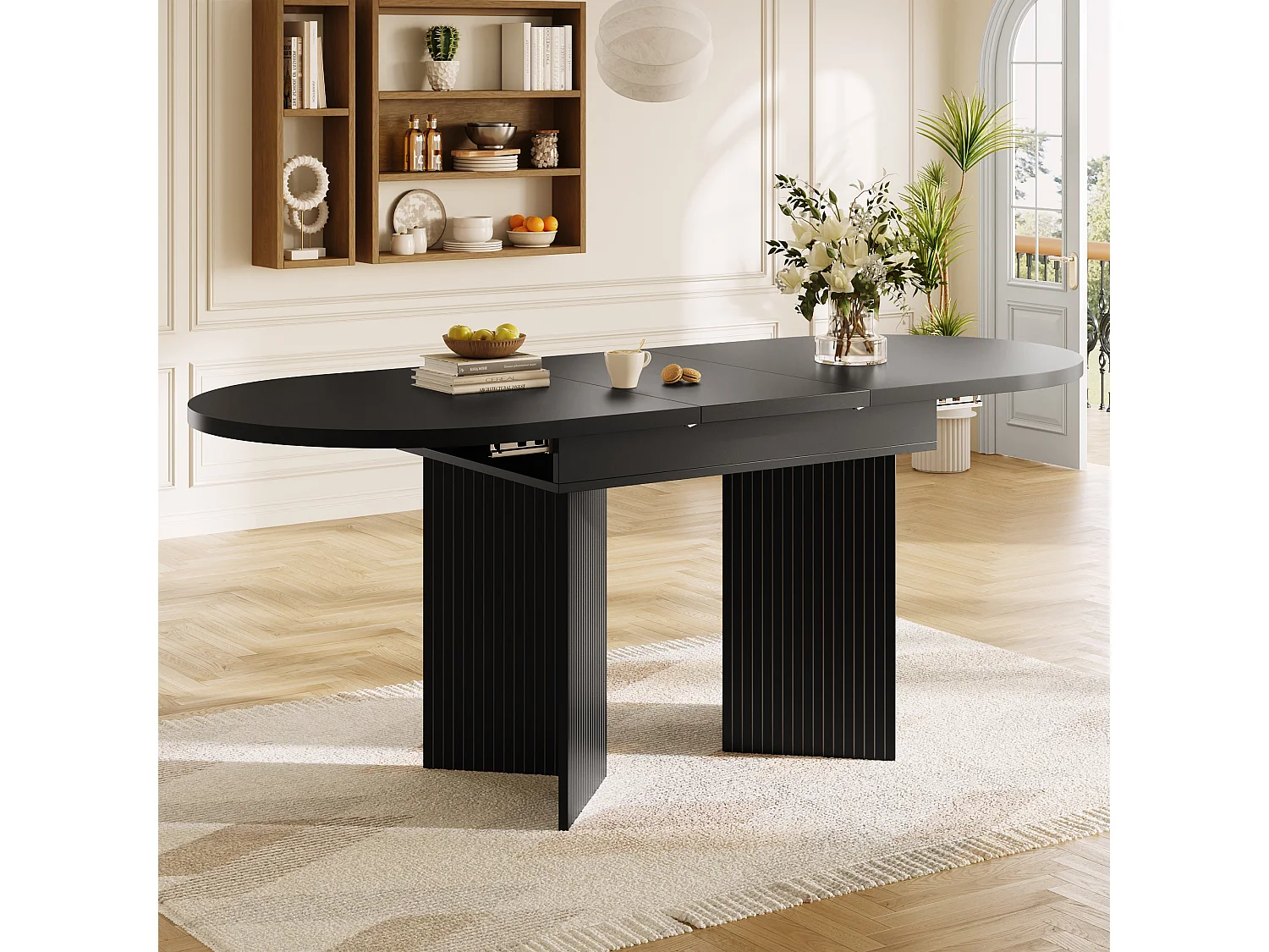 Uitschuifbare eettafel - 120/160 x 80 x 75 cm - voor 4 tot 6 personen - minimalistische stijl - met opbergruimte - MDF - zwart