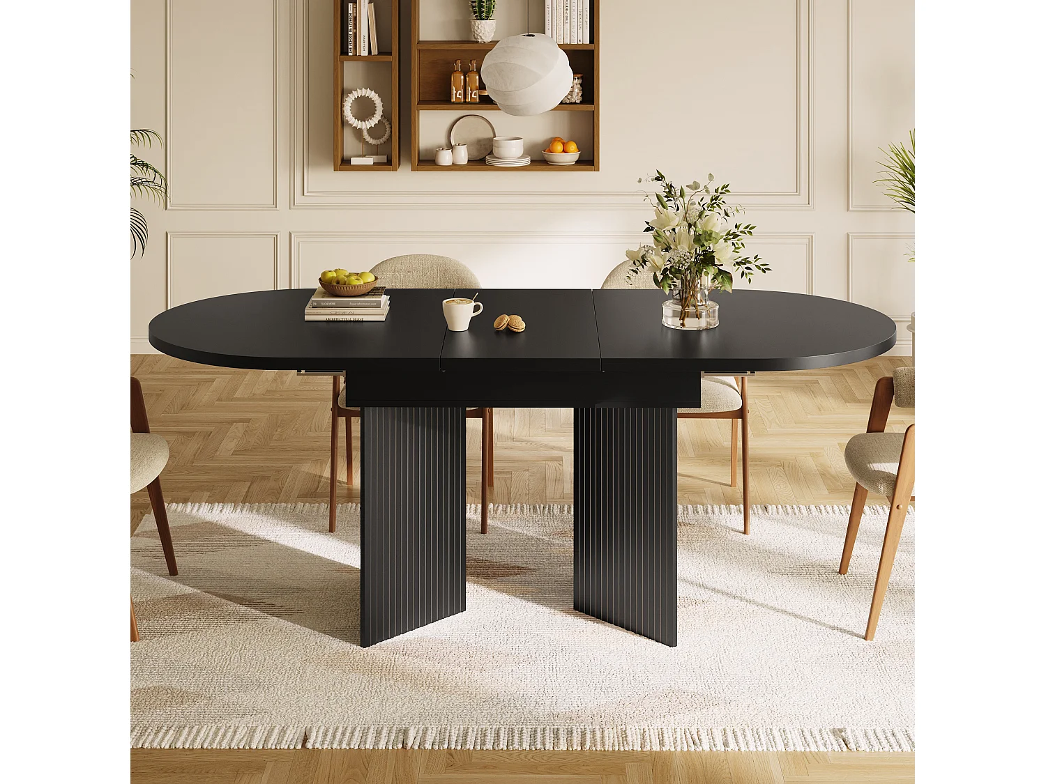 Uitschuifbare eettafel - 120/160 x 80 x 75 cm - voor 4 tot 6 personen - minimalistische stijl - met opbergruimte - MDF - zwart