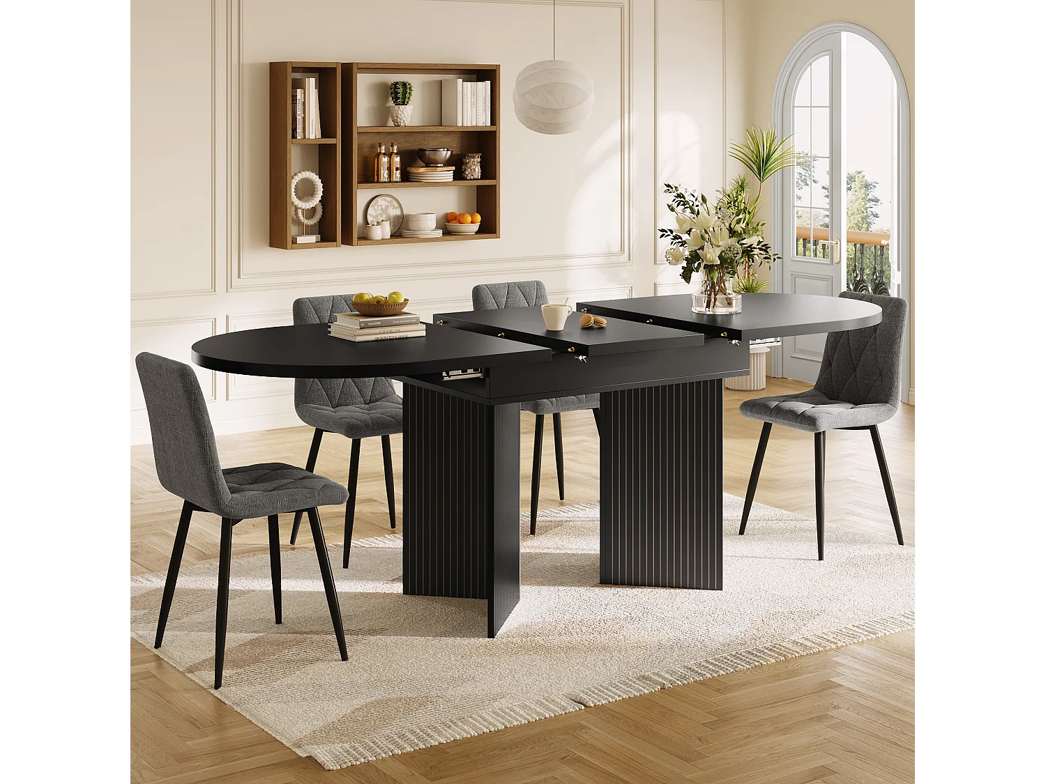 Uitschuifbare eettafel - 120/160 x 80 x 75 cm - voor 4 tot 6 personen - minimalistische stijl - met opbergruimte - MDF - zwart