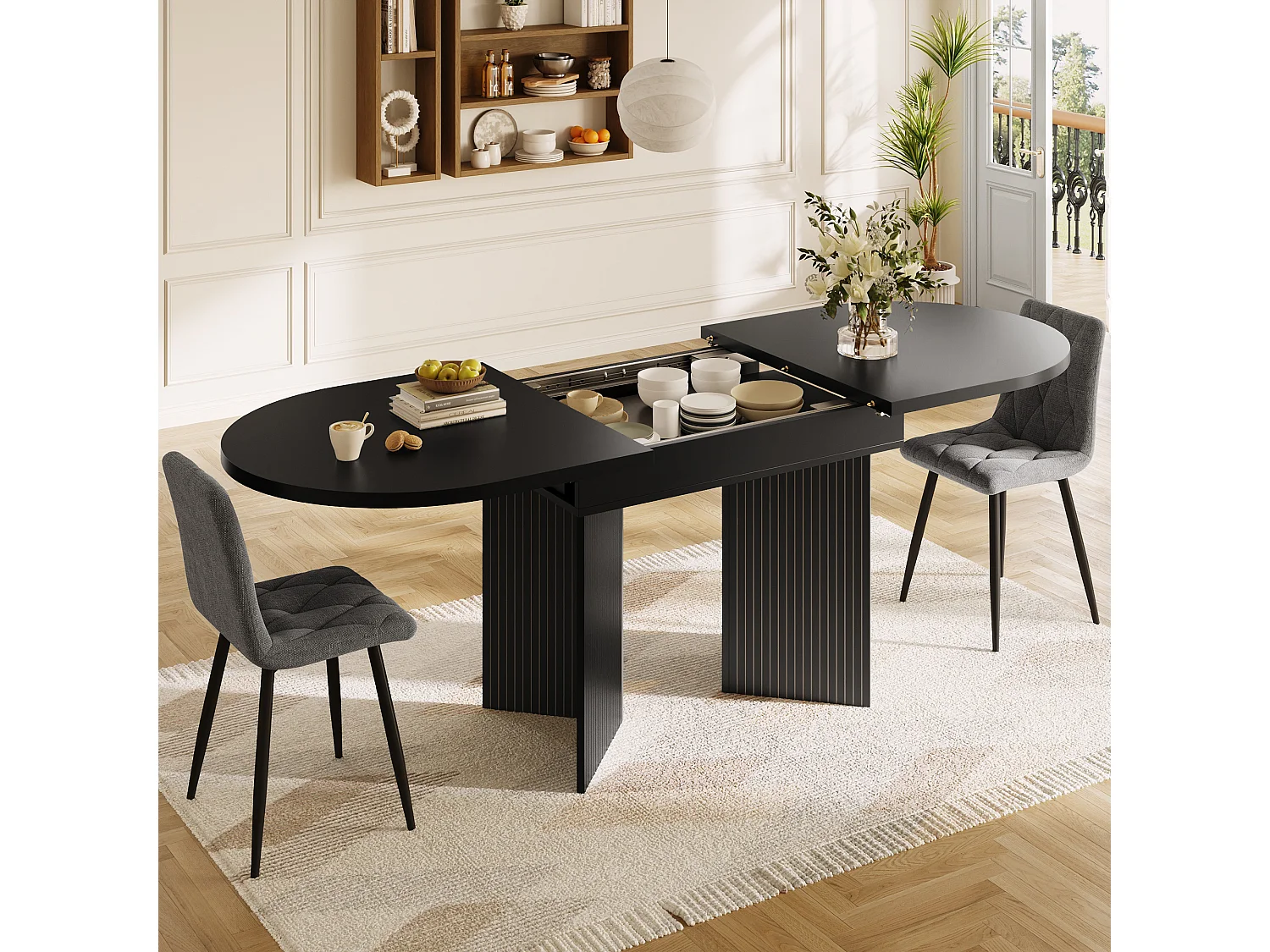 Uitschuifbare eettafel - 120/160 x 80 x 75 cm - voor 4 tot 6 personen - minimalistische stijl - met opbergruimte - MDF - zwart