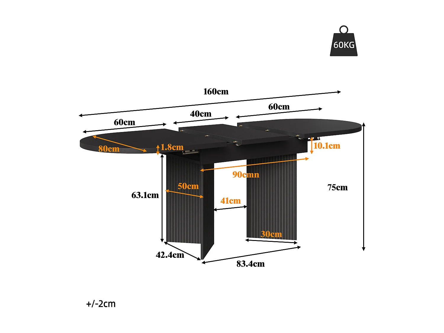 Uitschuifbare eettafel - 120/160 x 80 x 75 cm - voor 4 tot 6 personen - minimalistische stijl - met opbergruimte - MDF - zwart
