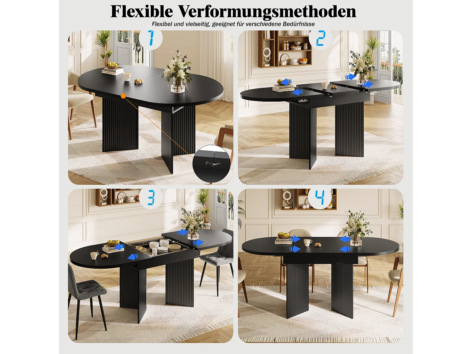 Uitschuifbare eettafel - 120/160 x 80 x 75 cm - voor 4 tot 6 personen - minimalistische stijl - met opbergruimte - MDF - zwart
