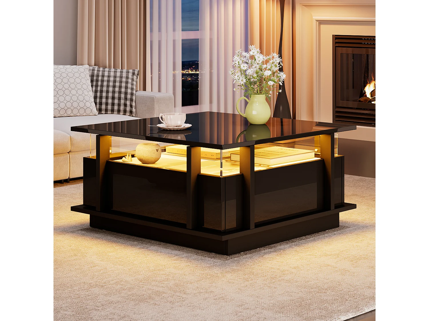 Table basse laquée brillante - 70 x 70 x 35 cm - avec 2 tiroirs + Leds + séparateur en acrylique transparent - aggloméré - noir