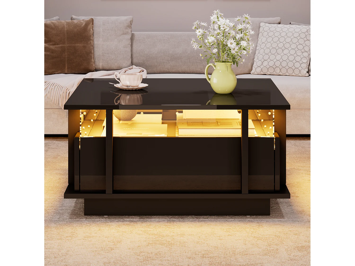 Table basse laquée brillante - 70 x 70 x 35 cm - avec 2 tiroirs + Leds + séparateur en acrylique transparent - aggloméré - noir