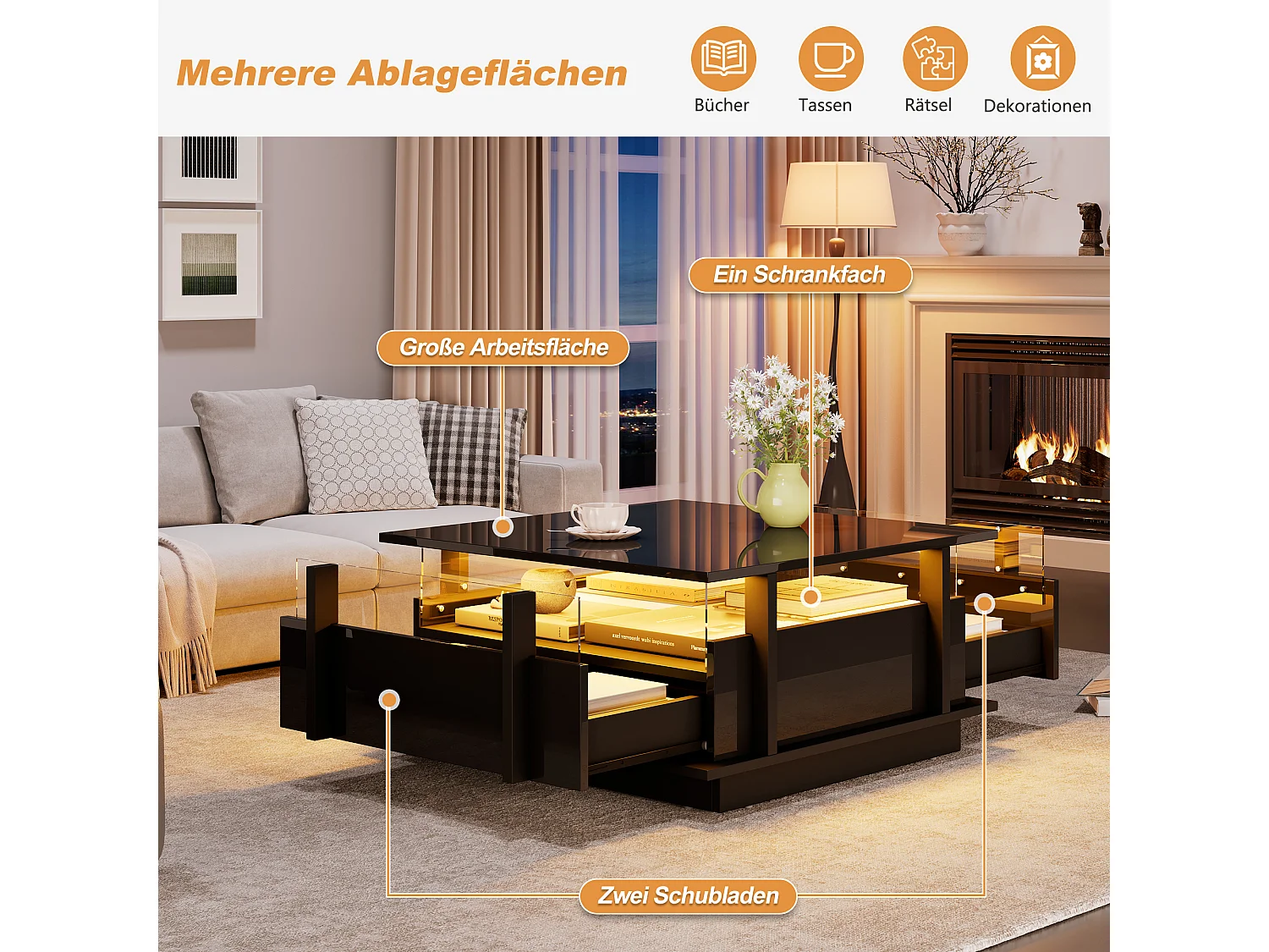 Table basse laquée brillante - 70 x 70 x 35 cm - avec 2 tiroirs + Leds + séparateur en acrylique transparent - aggloméré - noir