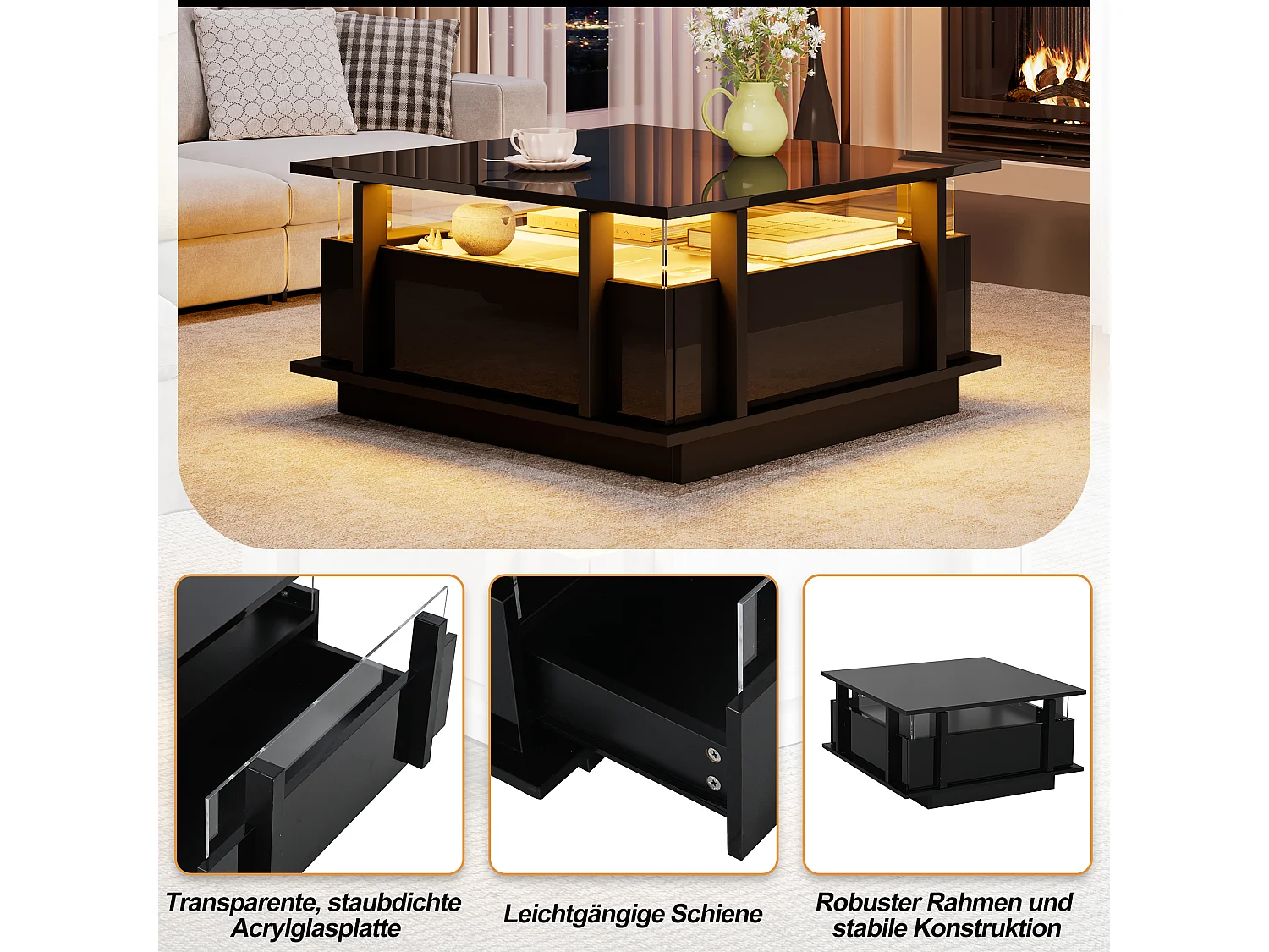 Table basse laquée brillante - 70 x 70 x 35 cm - avec 2 tiroirs + Leds + séparateur en acrylique transparent - aggloméré - noir