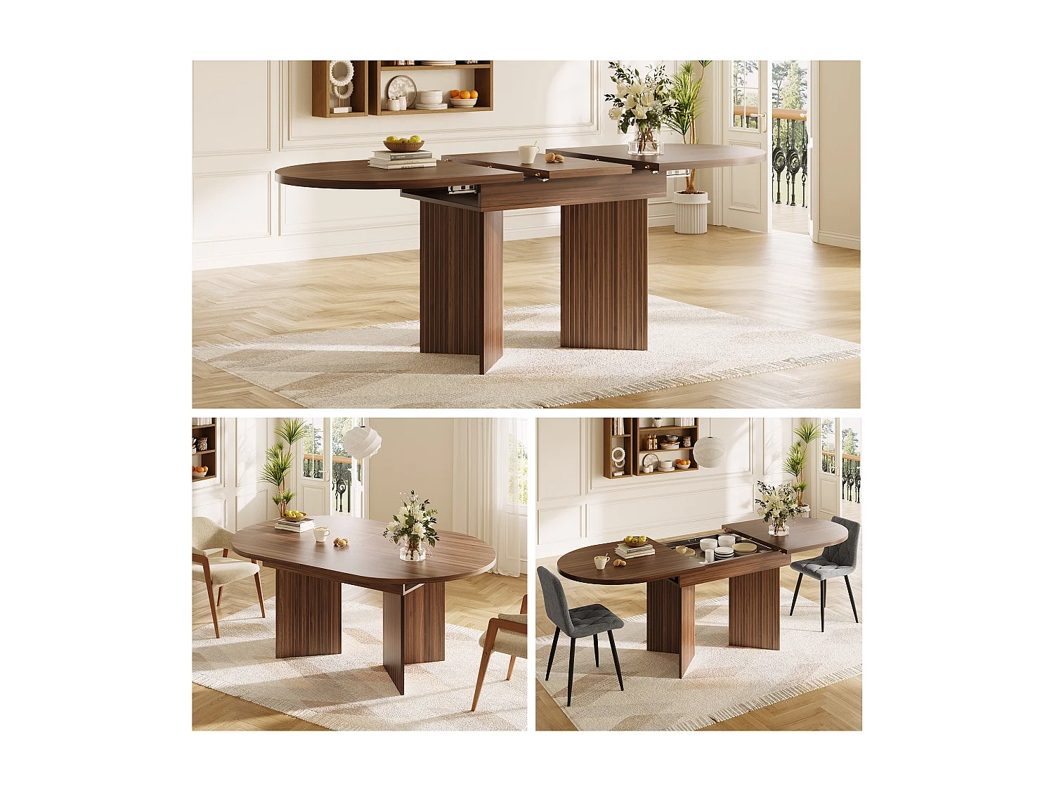 Uitschuifbare eettafel - 120/160 x 80 x 75 cm - voor 4 tot 6 personen - eenvoudige stijl - met opbergruimte - MDF - bruin