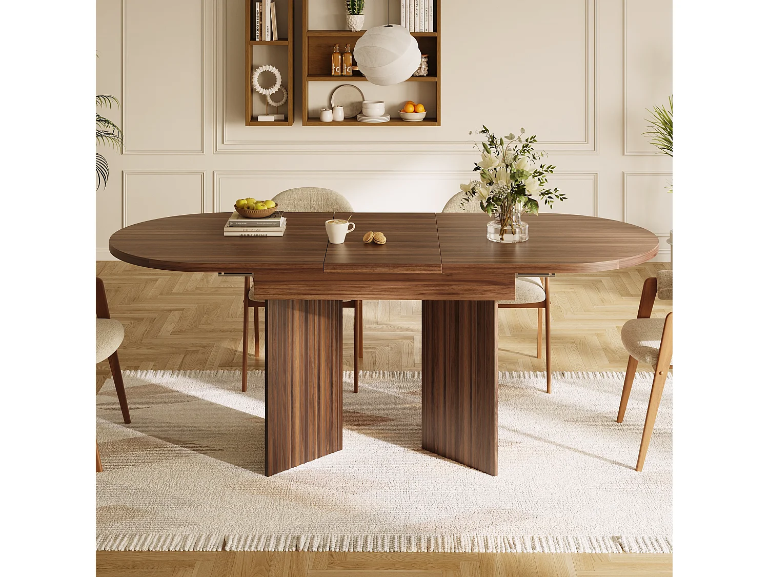 Uitschuifbare eettafel - 120/160 x 80 x 75 cm - voor 4 tot 6 personen - eenvoudige stijl - met opbergruimte - MDF - bruin