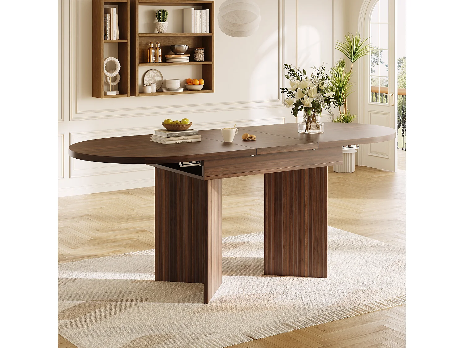 Uitschuifbare eettafel - 120/160 x 80 x 75 cm - voor 4 tot 6 personen - eenvoudige stijl - met opbergruimte - MDF - bruin