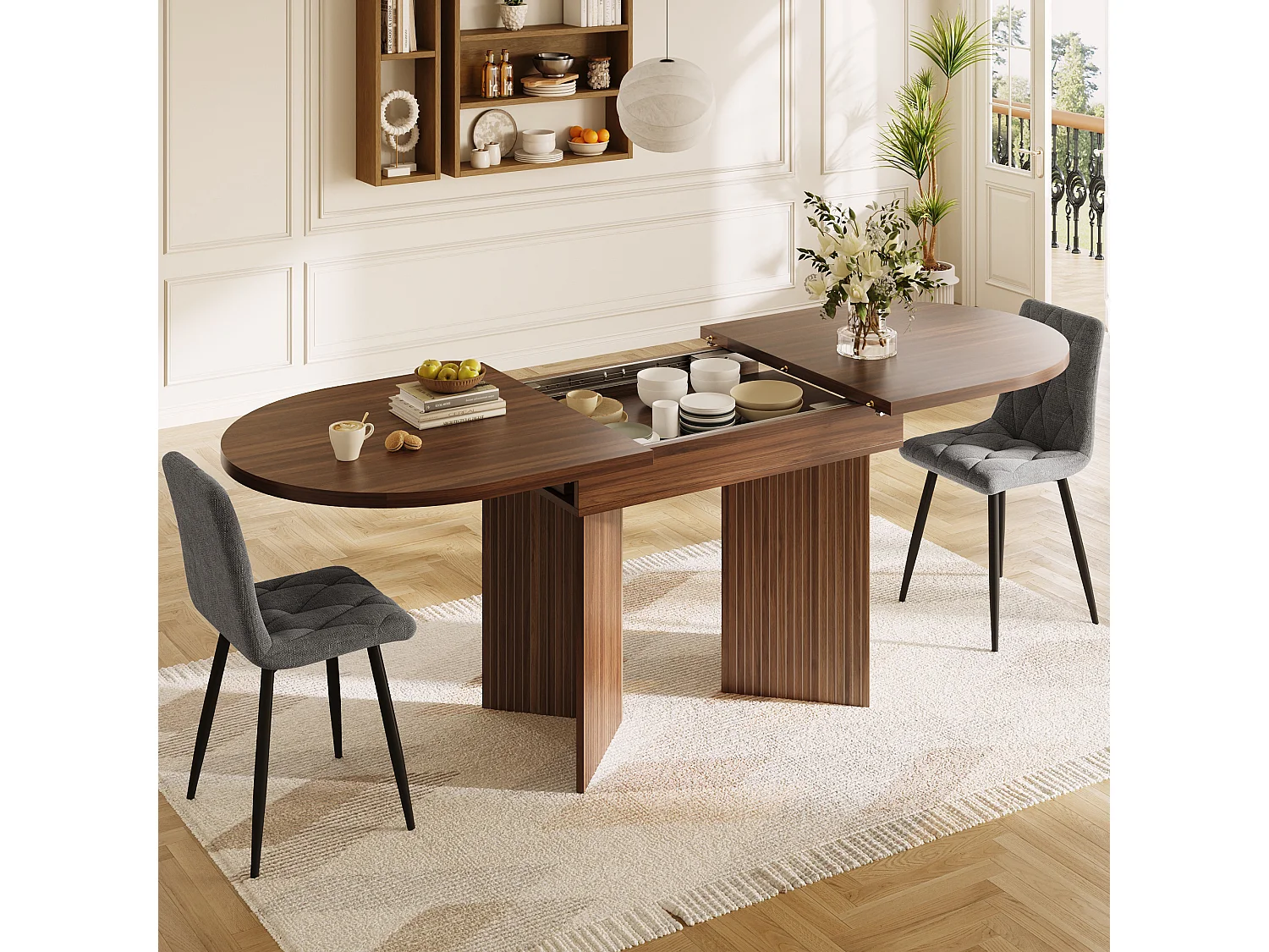 Uitschuifbare eettafel - 120/160 x 80 x 75 cm - voor 4 tot 6 personen - eenvoudige stijl - met opbergruimte - MDF - bruin