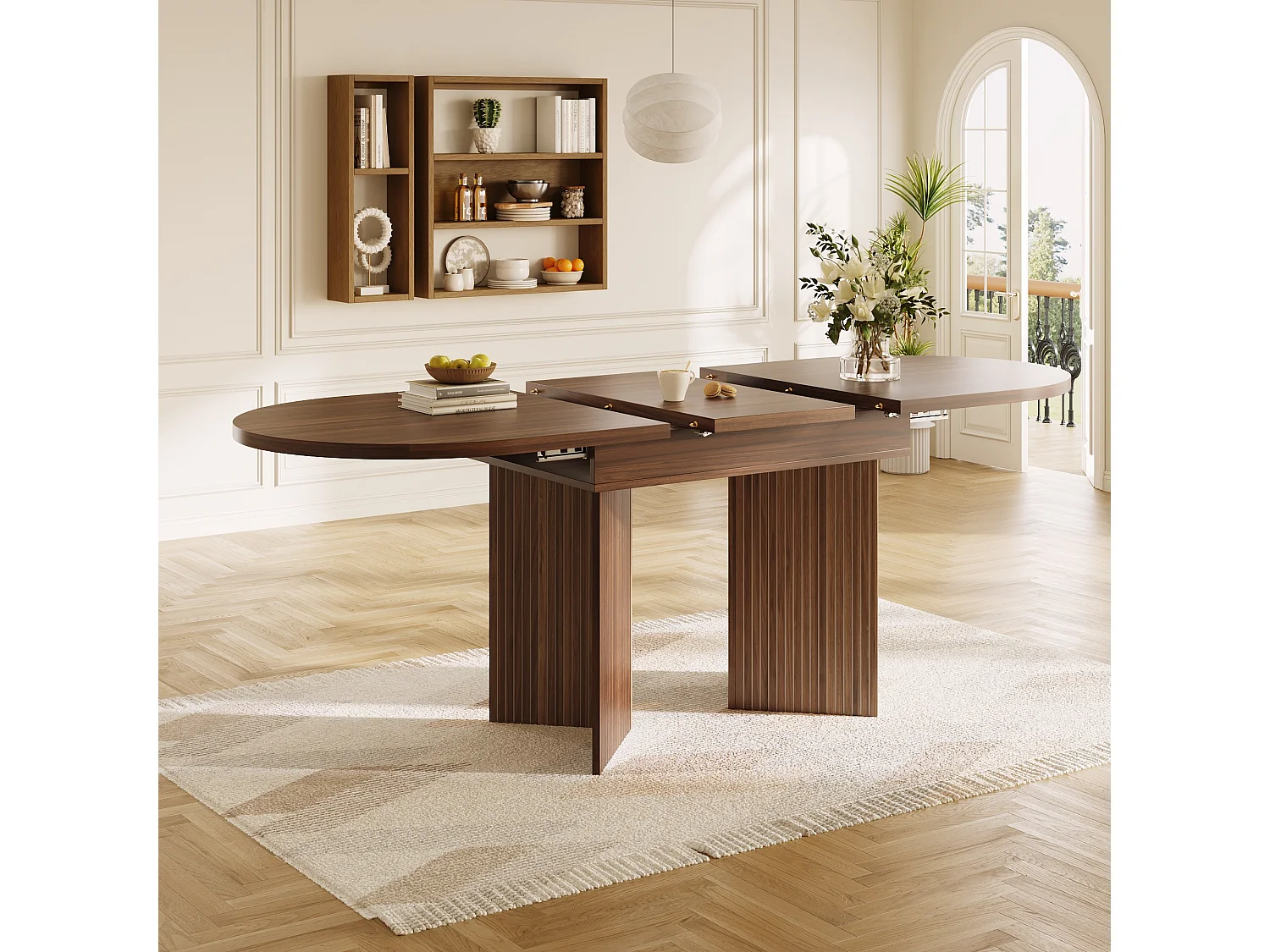 Uitschuifbare eettafel - 120/160 x 80 x 75 cm - voor 4 tot 6 personen - eenvoudige stijl - met opbergruimte - MDF - bruin