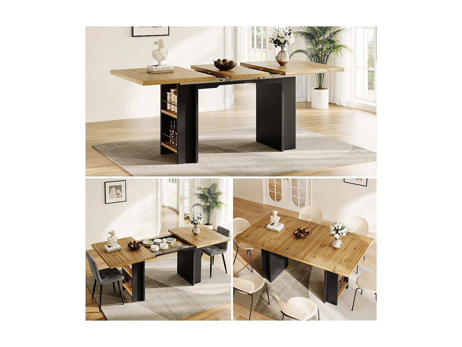 Mesa de comedor extensible con estantes - 120/160 x 80 x 75 cm - para 4 a 6 personas - almacenaje incluido - MDF - Natural claro