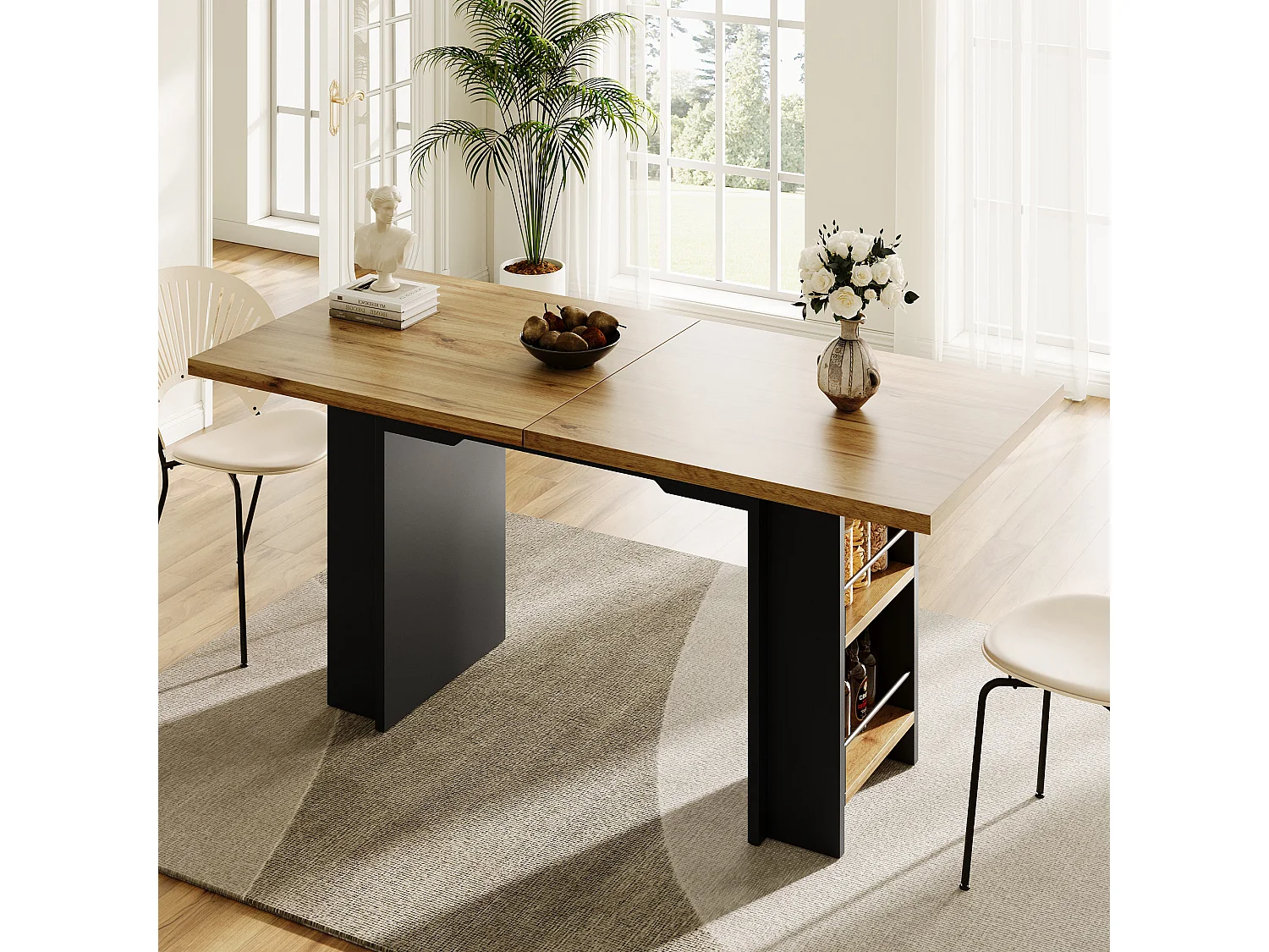 Mesa de comedor extensible con estantes - 120/160 x 80 x 75 cm - para 4 a 6 personas - almacenaje incluido - MDF - Natural claro