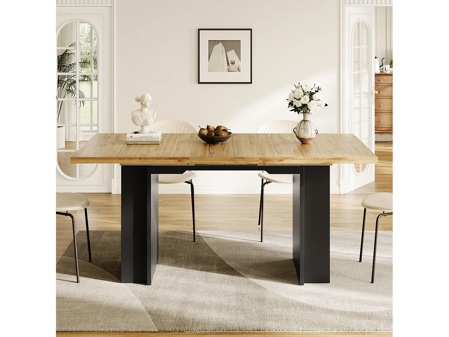 Mesa de comedor extensible con estantes - 120/160 x 80 x 75 cm - para 4 a 6 personas - almacenaje incluido - MDF - Natural claro