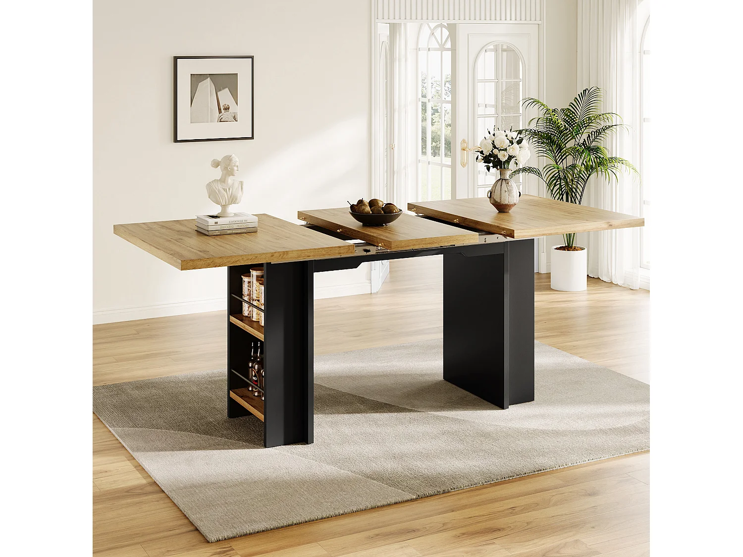 Mesa de comedor extensible con estantes - 120/160 x 80 x 75 cm - para 4 a 6 personas - almacenaje incluido - MDF - Natural claro