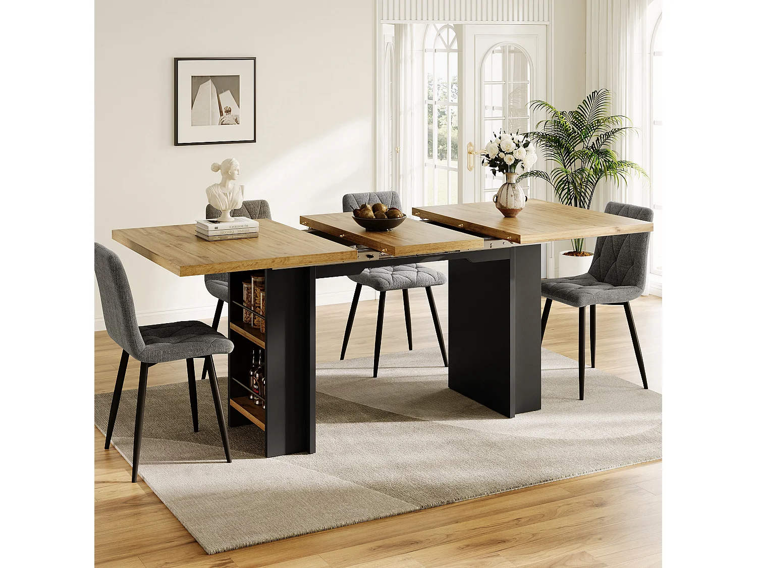 Mesa de comedor extensible con estantes - 120/160 x 80 x 75 cm - para 4 a 6 personas - almacenaje incluido - MDF - Natural claro