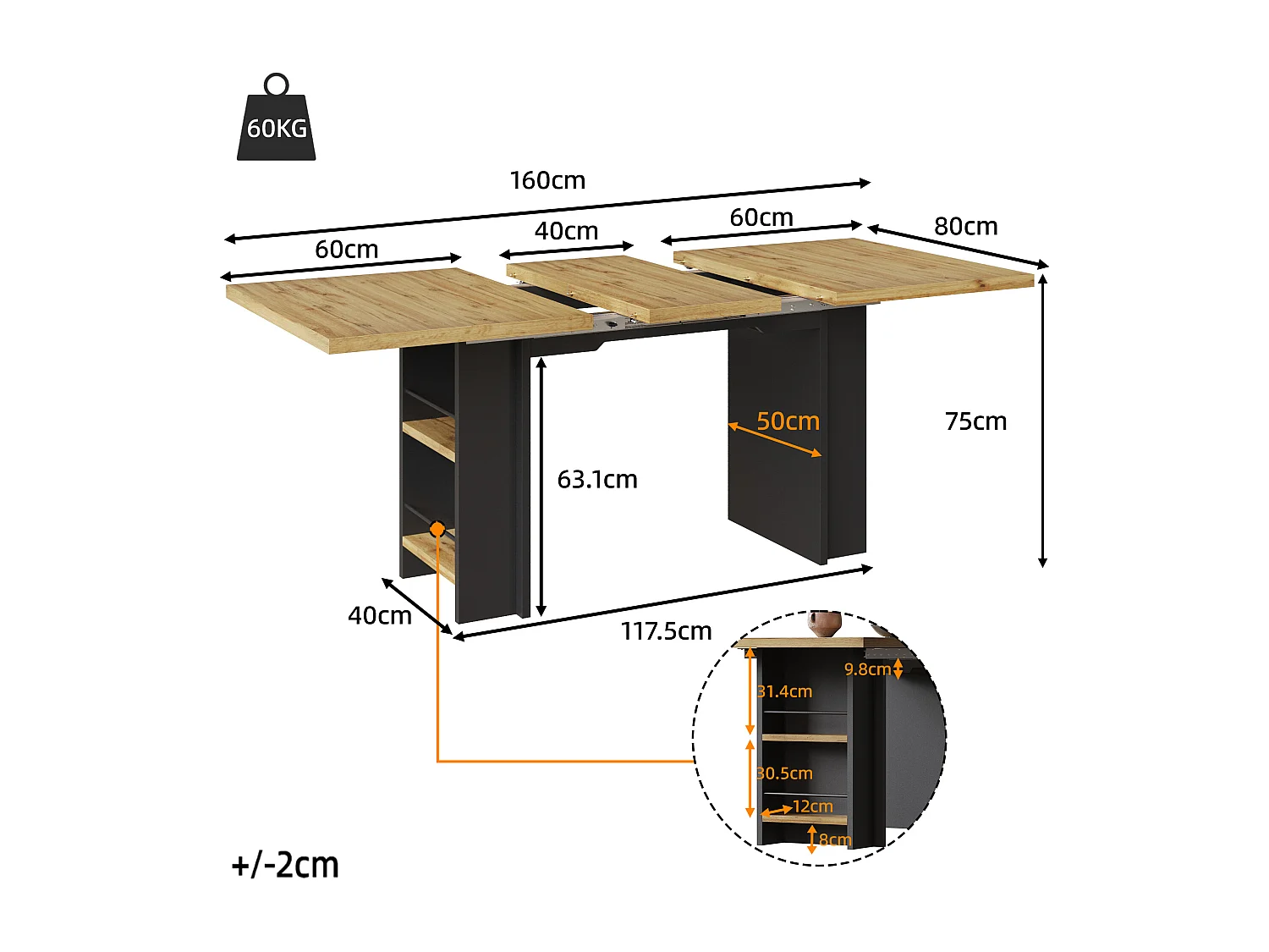 Mesa de comedor extensible con estantes - 120/160 x 80 x 75 cm - para 4 a 6 personas - almacenaje incluido - MDF - Natural claro