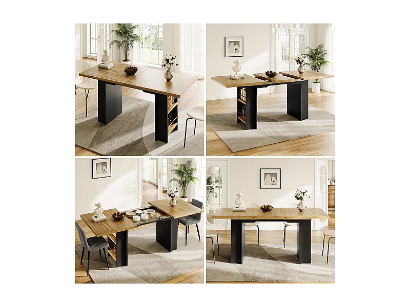 Mesa de comedor extensible con estantes - 120/160 x 80 x 75 cm - para 4 a 6 personas - almacenaje incluido - MDF - Natural claro