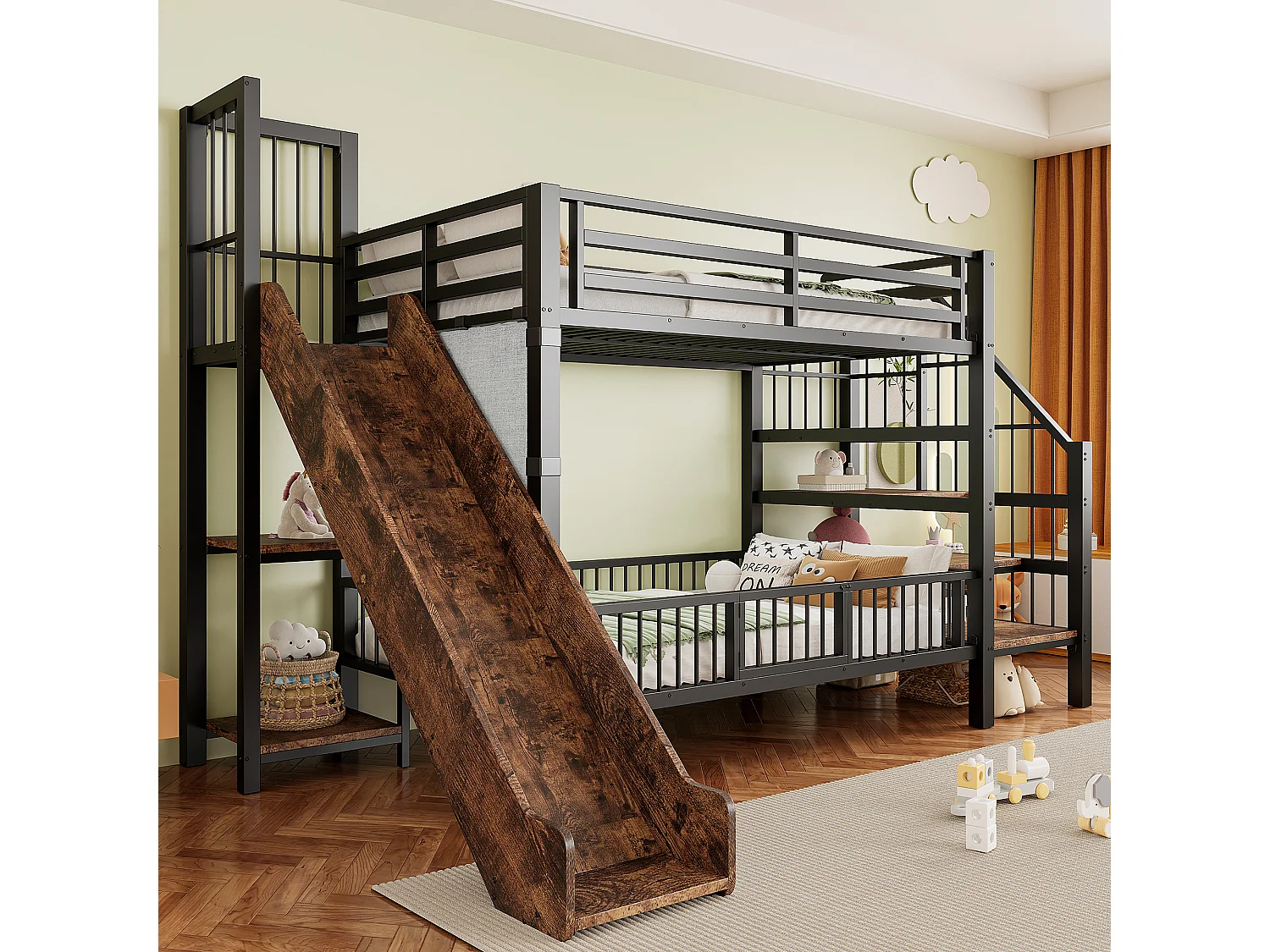 Lit superposé en métal pour enfant - 2 x 90 x 200 cm - avec toboggan + escalier de rangement + étagères intégrées - noir