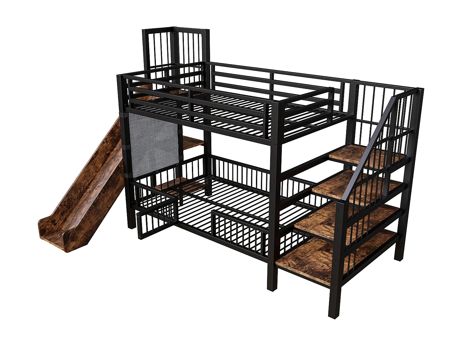Lit superposé en métal pour enfant - 2 x 90 x 200 cm - avec toboggan + escalier de rangement + étagères intégrées - noir
