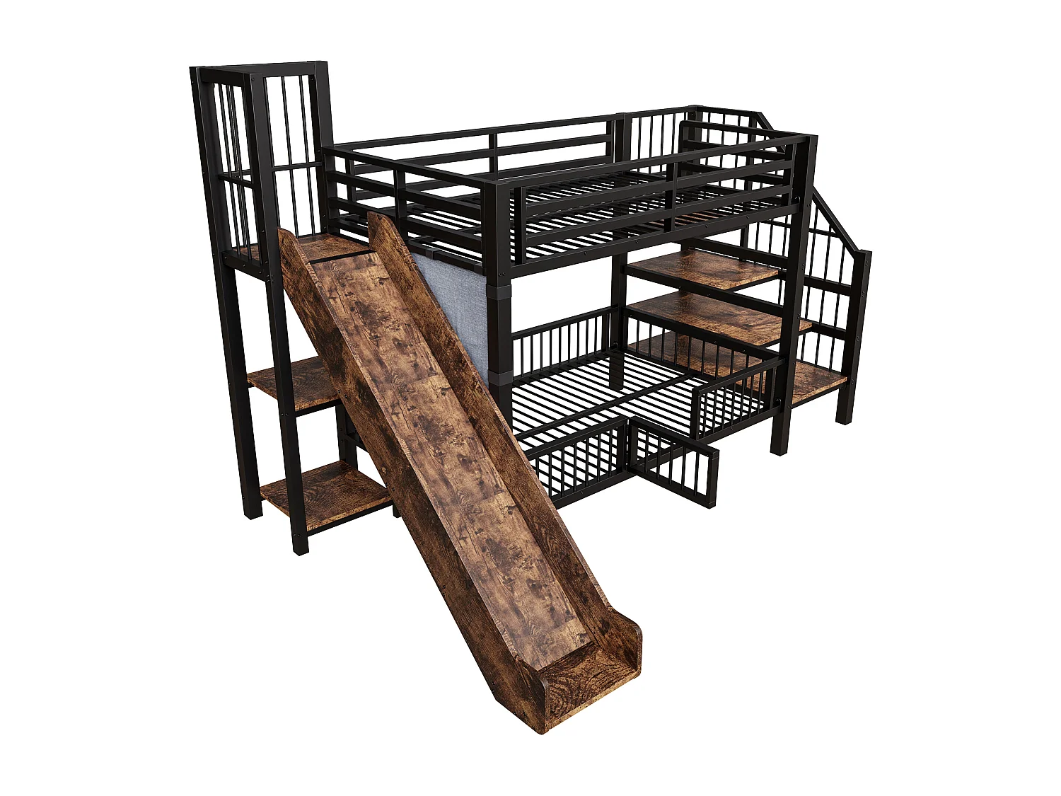 Lit superposé en métal pour enfant - 2 x 90 x 200 cm - avec toboggan + escalier de rangement + étagères intégrées - noir