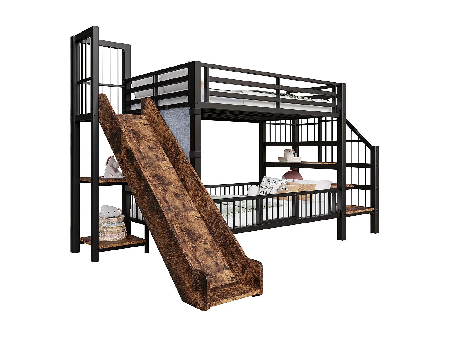 Lit superposé en métal pour enfant - 2 x 90 x 200 cm - avec toboggan + escalier de rangement + étagères intégrées - noir