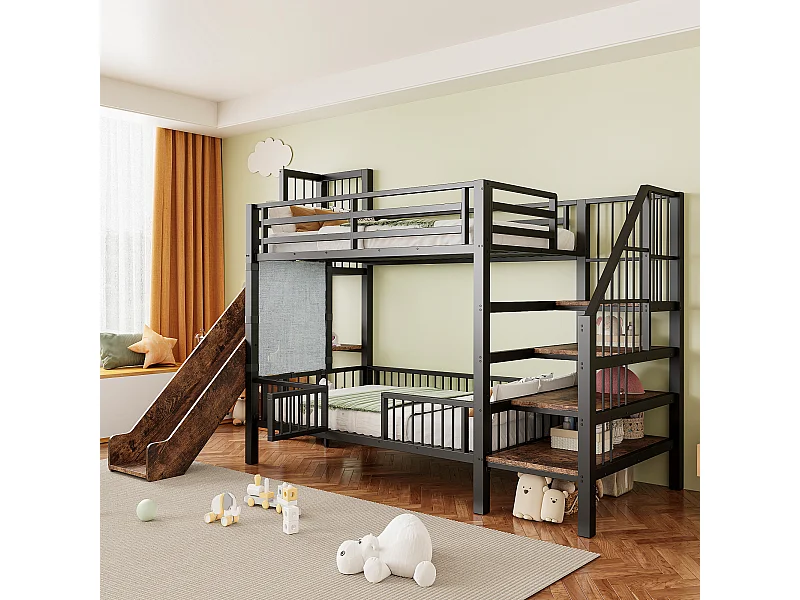 Lit superposé en métal pour enfant - 2 x 90 x 200 cm - avec toboggan + escalier de rangement + étagères intégrées - noir