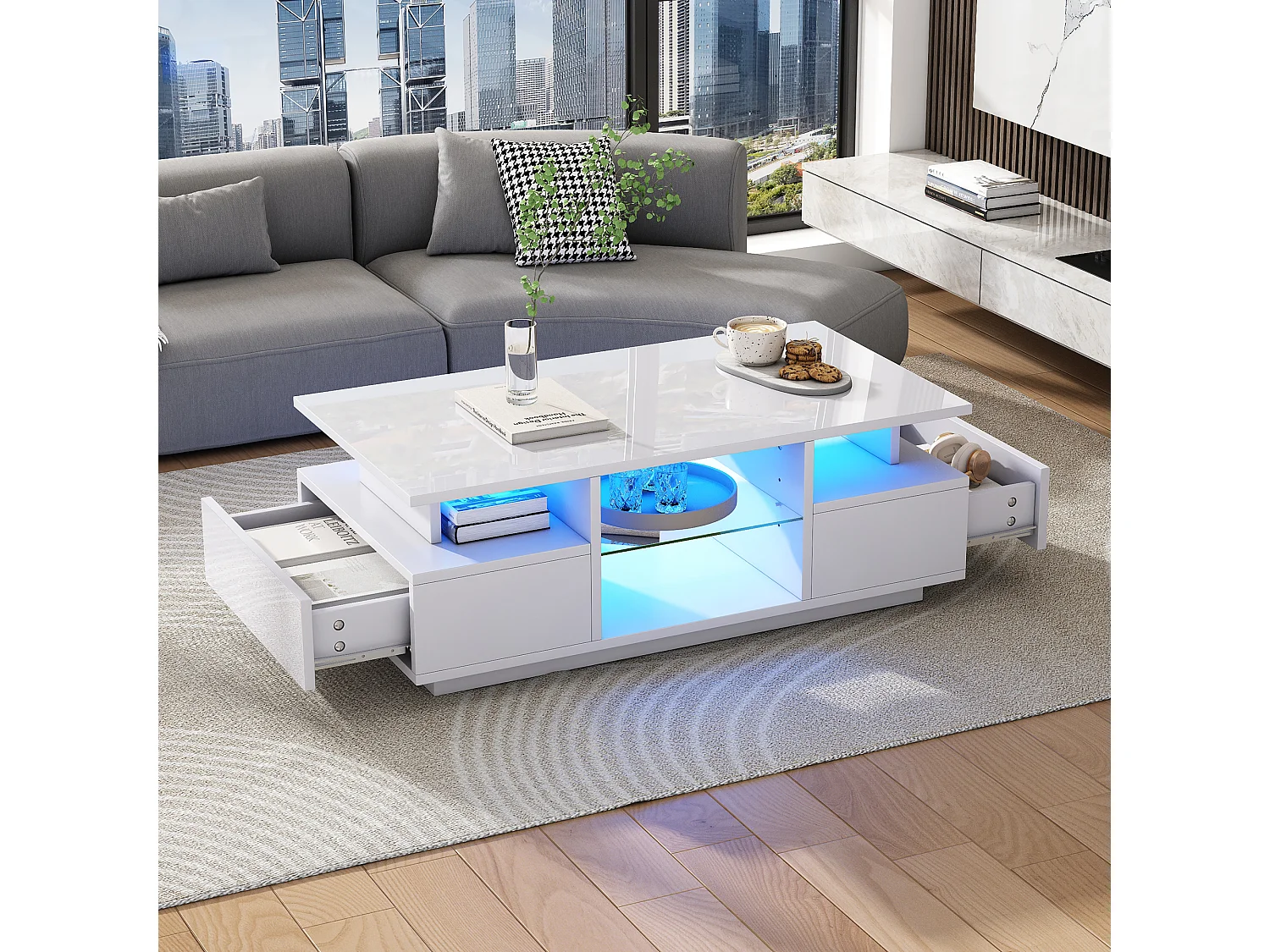 Table basse laquée brillante - 100 x 50 x 36 cm - avec 2 tiroirs + Leds + rangement ouvert + séparation en verre - aggloméré - blanc