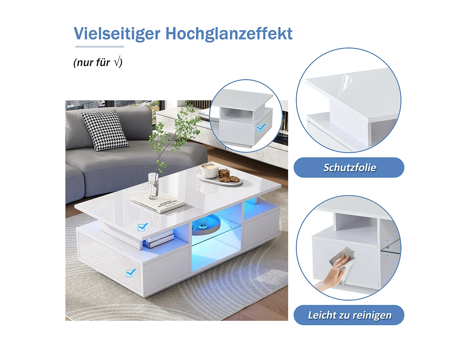 Table basse laquée brillante - 100 x 50 x 36 cm - avec 2 tiroirs + Leds + rangement ouvert + séparation en verre - aggloméré - blanc