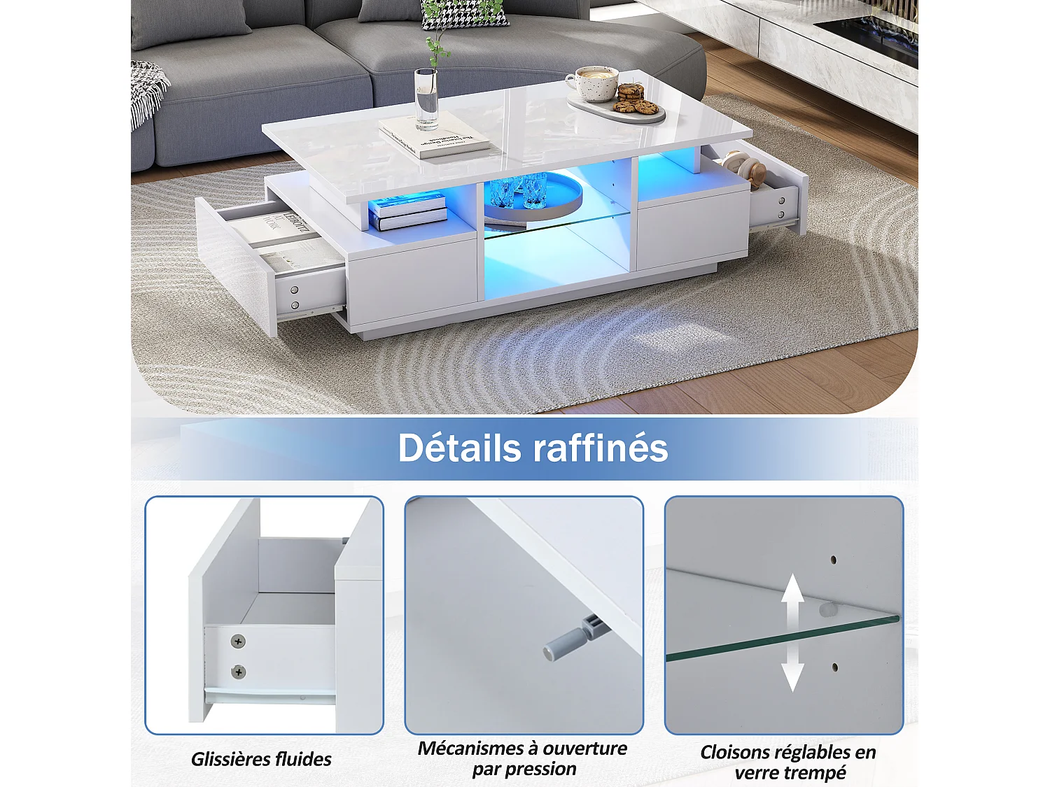 Table basse laquée brillante - 100 x 50 x 36 cm - avec 2 tiroirs + Leds + rangement ouvert + séparation en verre - aggloméré - blanc