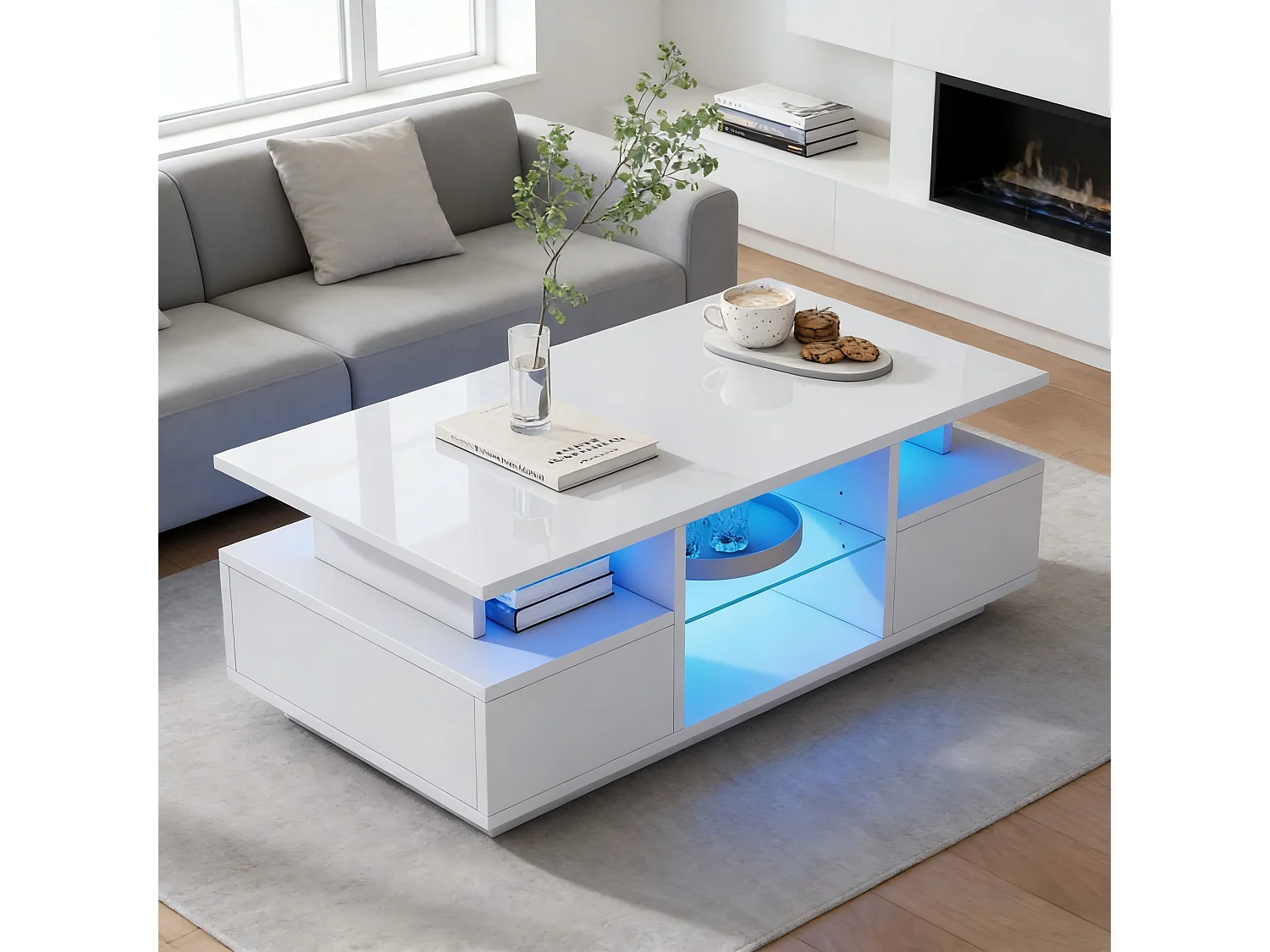 Table basse laquée brillante - 100 x 50 x 36 cm - avec 2 tiroirs + Leds + rangement ouvert + séparation en verre - aggloméré - blanc