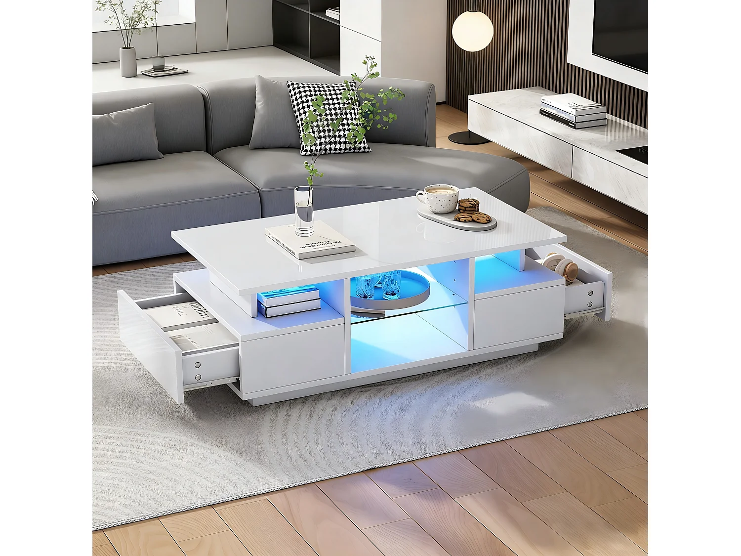 Table basse laquée brillante - 100 x 50 x 36 cm - avec 2 tiroirs + Leds + rangement ouvert + séparation en verre - aggloméré - blanc