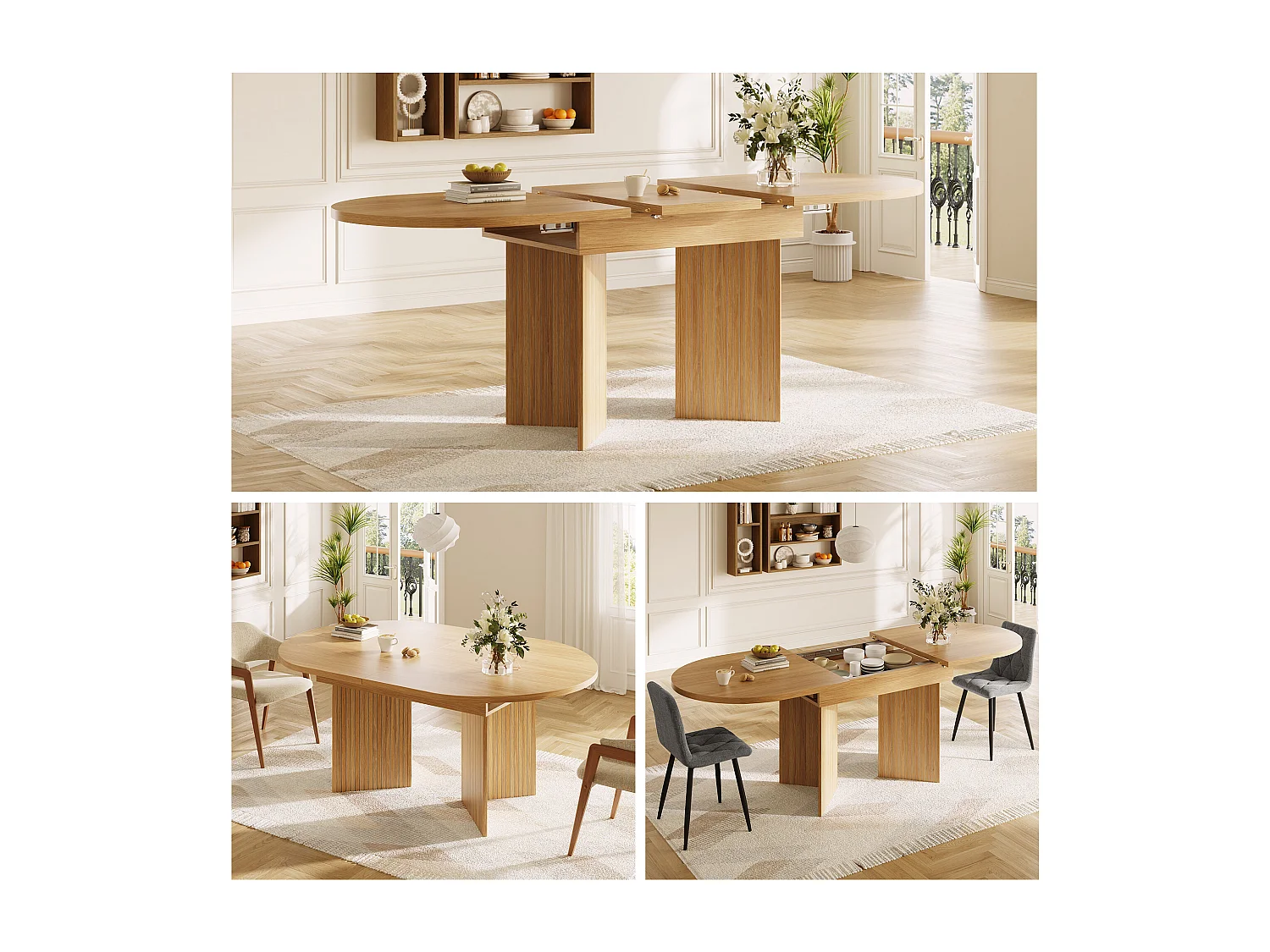 Uitschuifbare eettafel - 120/160 x 80 x 75 cm - voor 4 tot 6 personen - minimalistische stijl - met opbergruimte - MDF - naturel