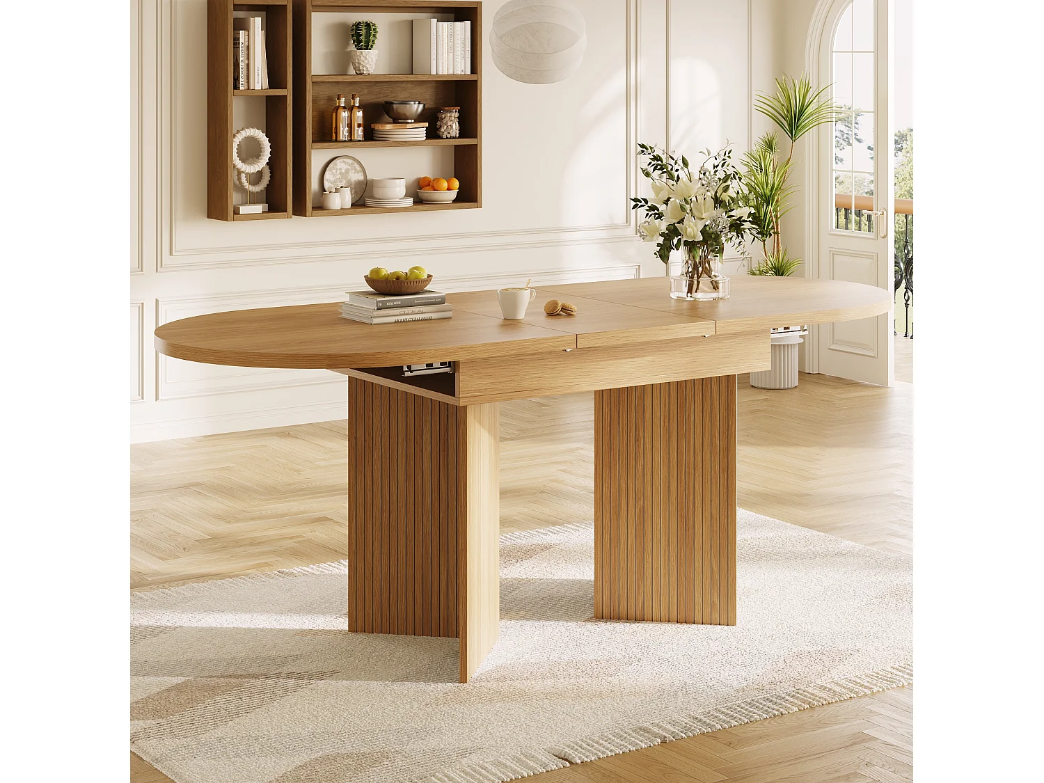Uitschuifbare eettafel - 120/160 x 80 x 75 cm - voor 4 tot 6 personen - minimalistische stijl - met opbergruimte - MDF - naturel