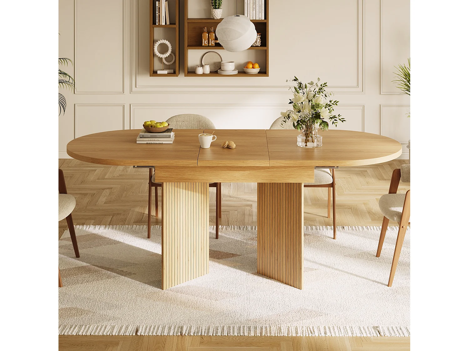 Uitschuifbare eettafel - 120/160 x 80 x 75 cm - voor 4 tot 6 personen - minimalistische stijl - met opbergruimte - MDF - naturel