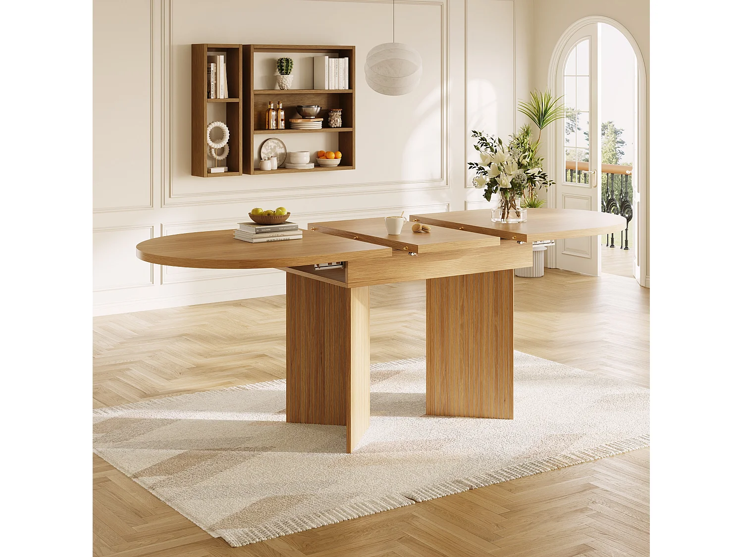 Uitschuifbare eettafel - 120/160 x 80 x 75 cm - voor 4 tot 6 personen - minimalistische stijl - met opbergruimte - MDF - naturel