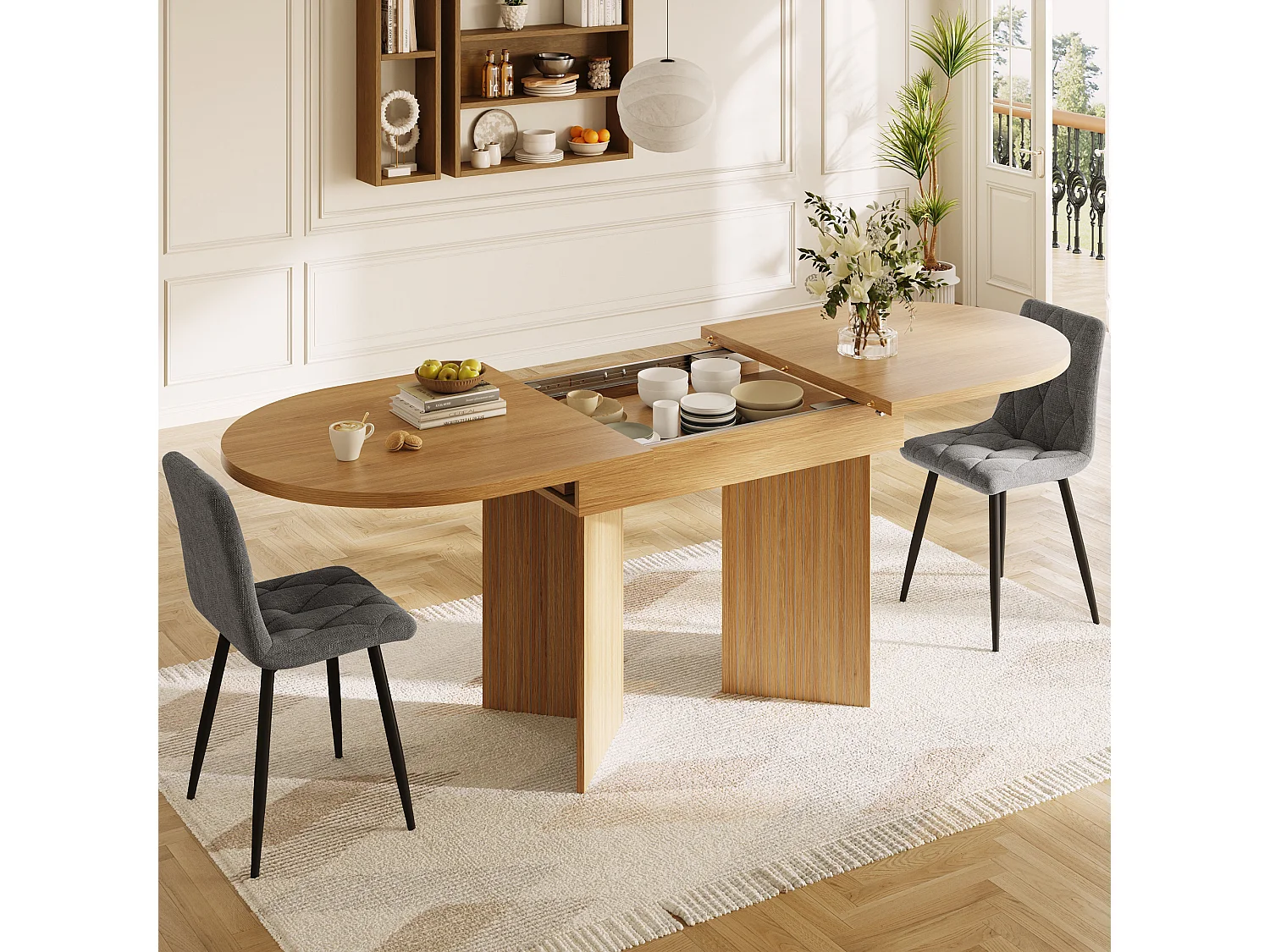 Uitschuifbare eettafel - 120/160 x 80 x 75 cm - voor 4 tot 6 personen - minimalistische stijl - met opbergruimte - MDF - naturel