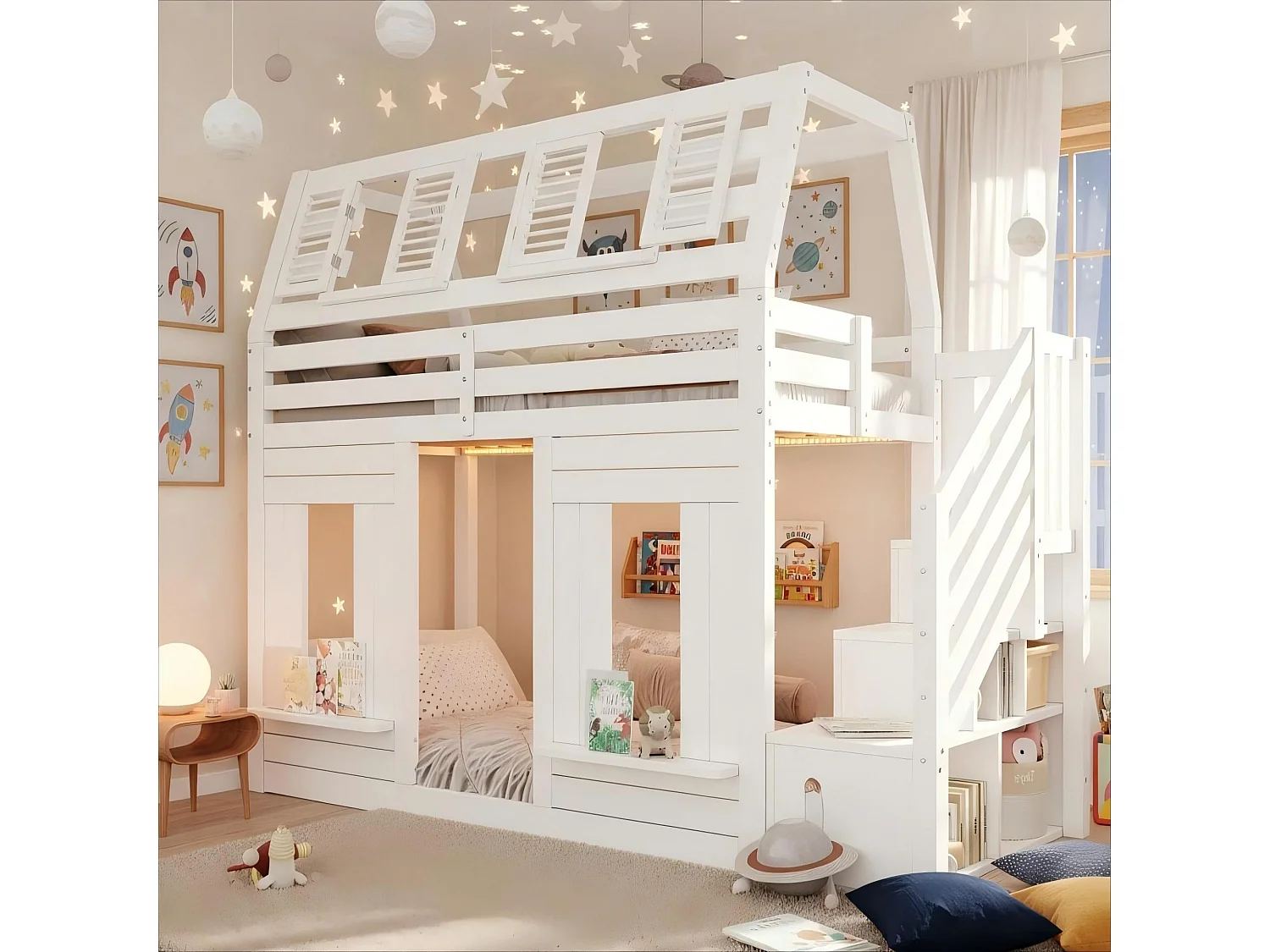 Lit superposé pour enfant - 2 x 90 x 200 cm - avec Leds + escalier de rangement - forme fenêtre - bois - blanc
